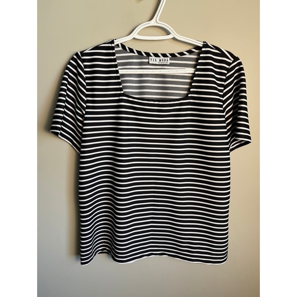 Via Moda Square Neck Striped Short Sleeve Blouse Large Parisian Chic Capsule
